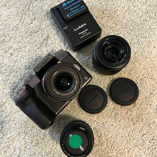 bevintage™ 🍇 ₊˚💜 Panasonic Lumix G7 Mirrorless Camera with Lenses (Silver and Black) 🍥 🎀📷